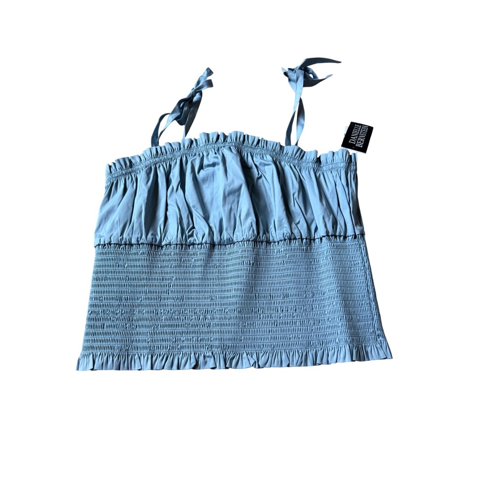 Danielle Bernstein Womens Smocked Tie Strap Cami Top Light Blue 1X NWT